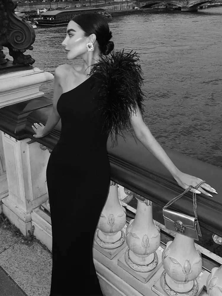 Vestido Longo Plumas